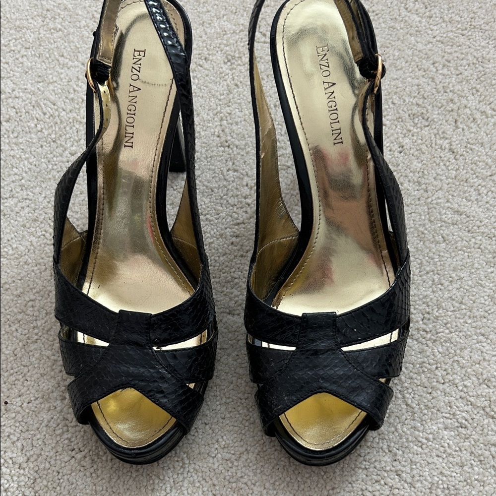 Enzo Angiolini Black and Gold Open-Toe Heels